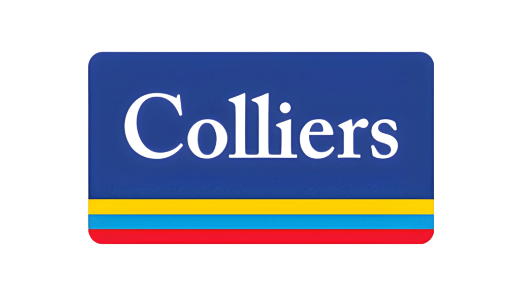 Colliers logo on a blue rounded square with yellow, blue, and red stripes at the bottom.