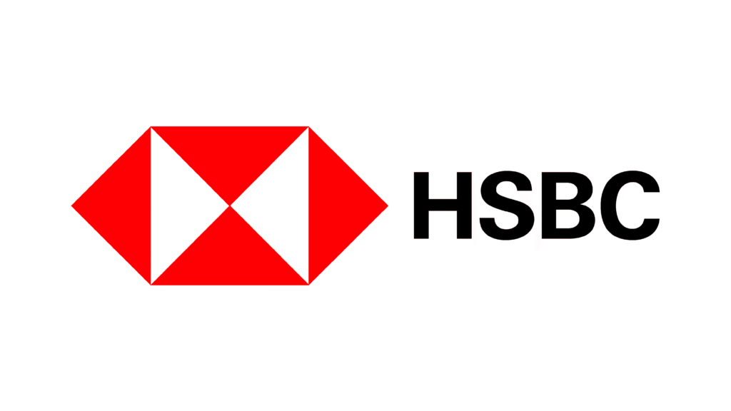 HSBC logo: red diamond emblem with bold black text reading HSBC in a row beside it.