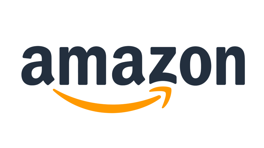 Amazon wordmark with a navy blue text and the signature orange curved arrow underneath the letters