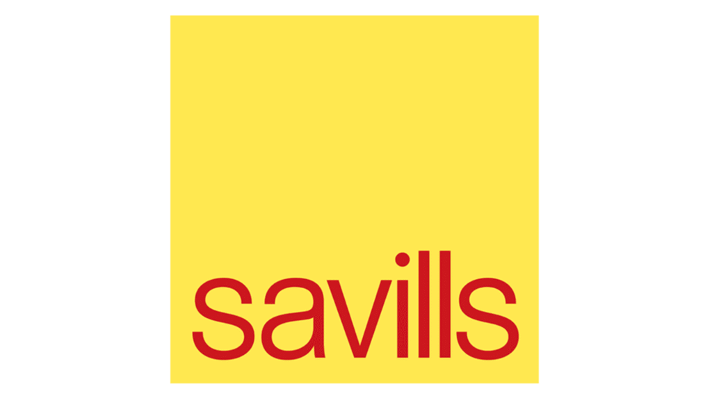 Bright yellow poster with a red Savills logo partially visible along the bottom edge
