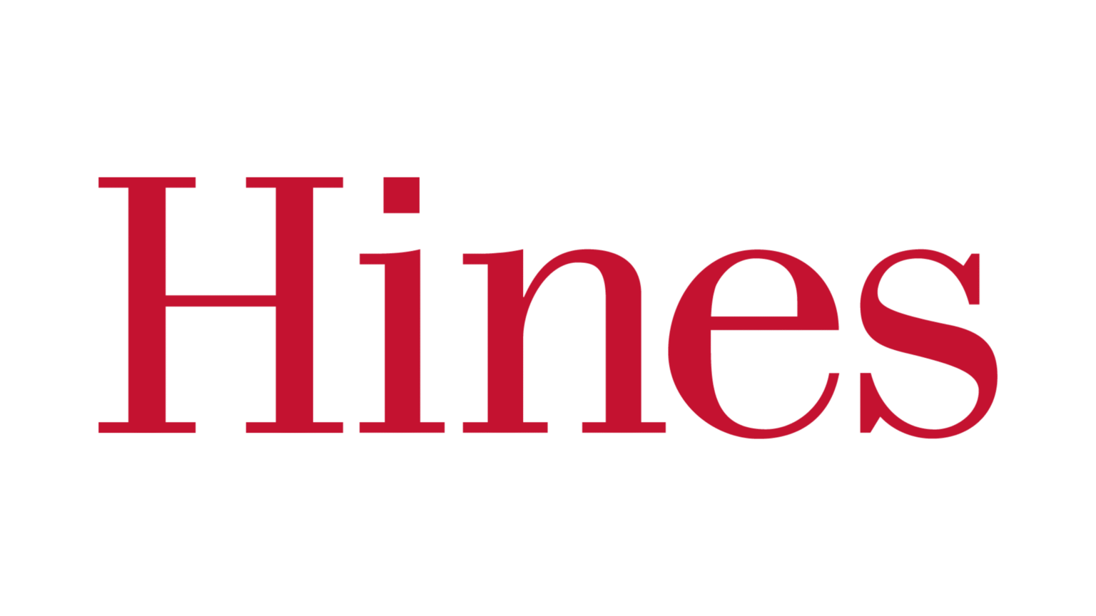 Partial view of the red Hines logo in a serif font on a white background.