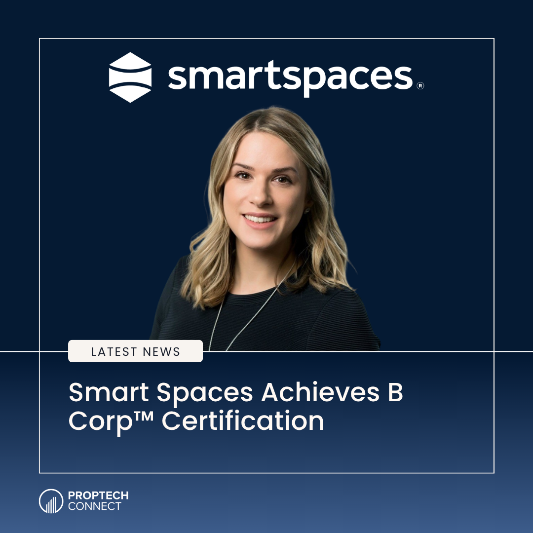 News hero: smiling woman on a blue banner with the Smartspaces logo and the headline 'Smart Spaces Achieves B Corp Certification'.