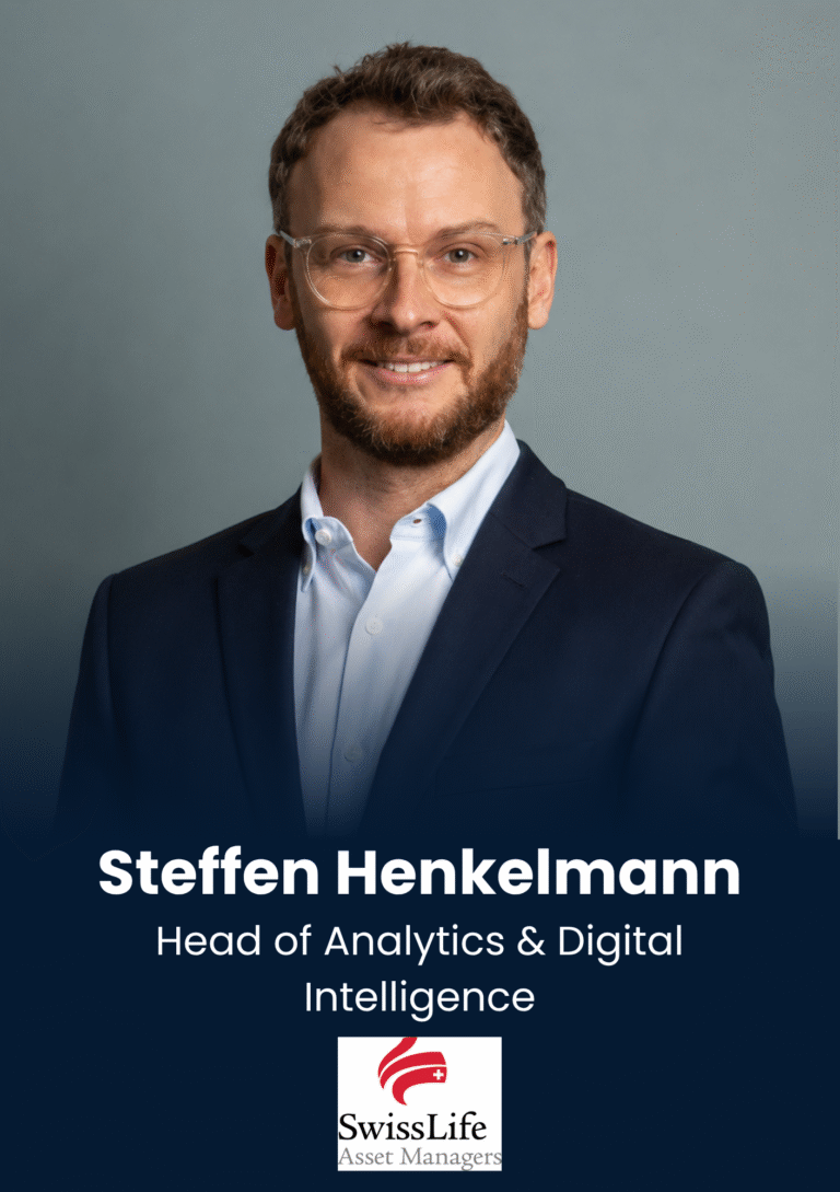 Portrait of Steffen Henkelmann in a navy suit, smiling, against a gray backdrop, with text showing his title and Swiss Life logo below the image.