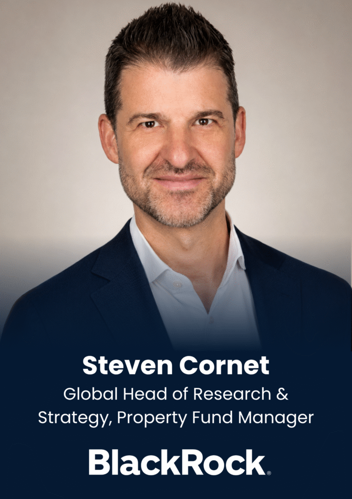Portrait of Steven Cornet, Global Head of Research & Strategy at BlackRock, smiling in a navy blazer with a gradient backdrop