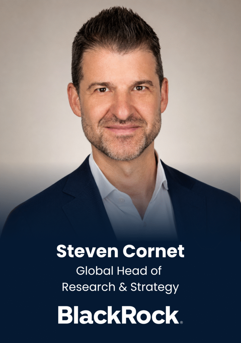 Professional headshot of Steven Cornet, Global Head of Research & Strategy at BlackRock, wearing a navy suit and white shirt, smiling.
