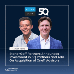 News graphic with Stone-Goff and 50Q logos, two smiling men in business attire, and a 'Latest News' tag announcing investment and acquisition; Proptech Connect logo bottom-left.