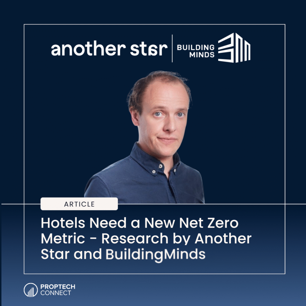 Article hero: man in a blue shirt on a dark blue background with Another Star and Building Minds logos above the headline about hotels’ net-zero metric.
