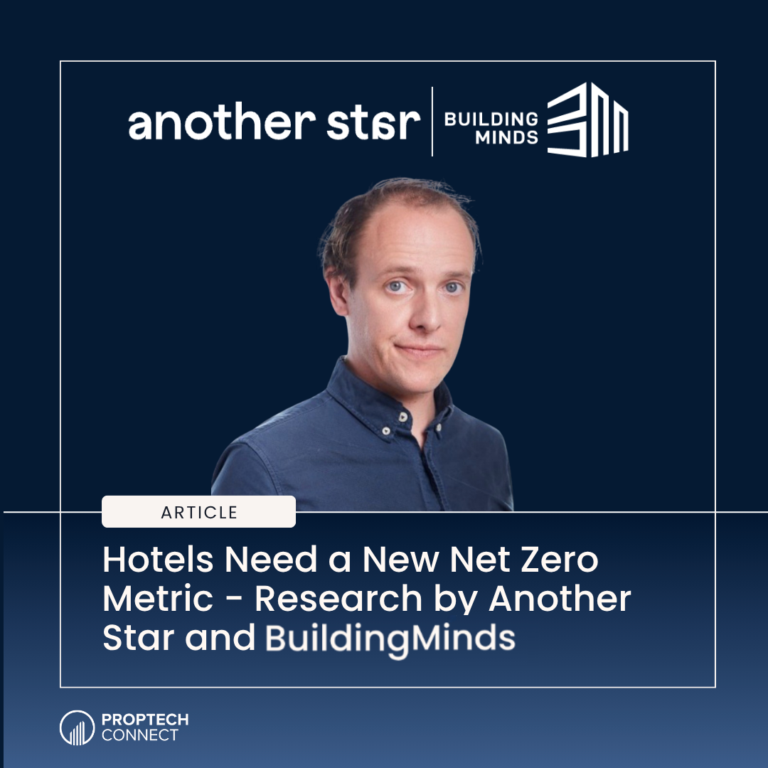 Article hero: man in a blue shirt on a dark blue background with Another Star and Building Minds logos above the headline about hotels’ net-zero metric.