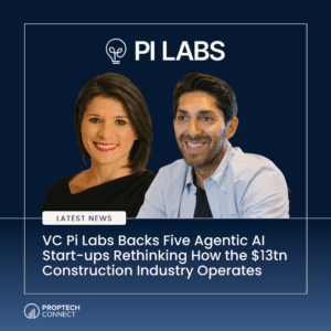 PI LABS banner with a smiling woman and man, a 'LATEST NEWS' badge, and a headline about VC Pi Labs backing five AI start-ups in construction.
