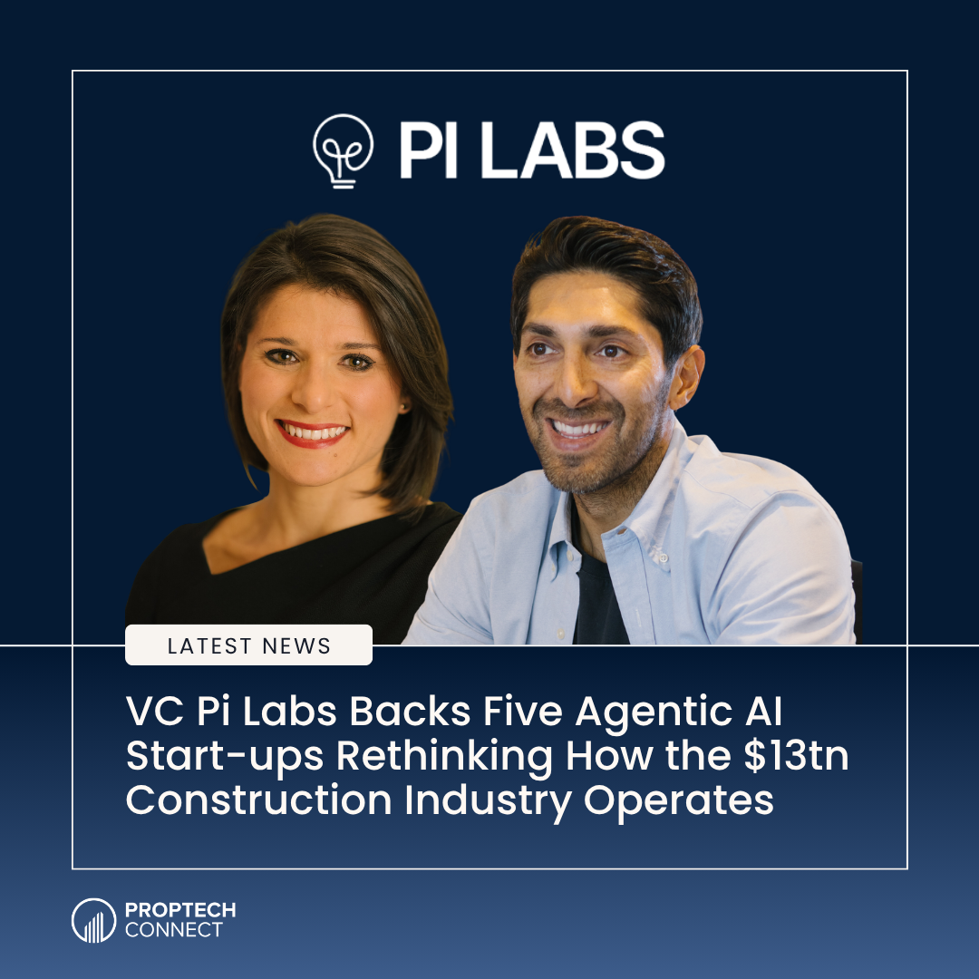 PI LABS banner with a smiling woman and man, a 'LATEST NEWS' badge, and a headline about VC Pi Labs backing five AI start-ups in construction.