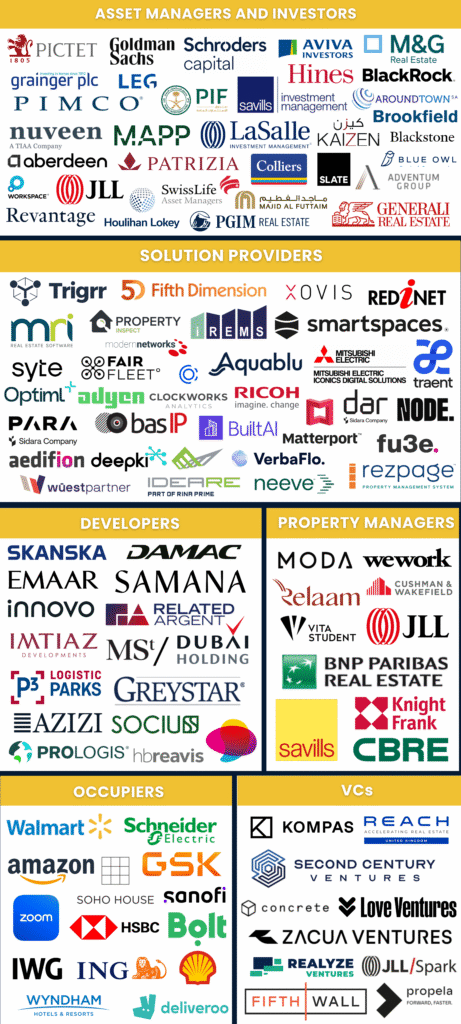 Collage of many real estate and investment logos categorized into Asset Managers and Investors, Solution Providers, Developers, Property Managers, Occupiers, and VCs, featuring brands like Goldman Sachs, JLL, CBRE, Savills, Knight Frank, Prologis, and WeWork.