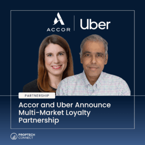 Graphic announcing a partnership between Accor and Uber, showing two professionals and the logos above with the headline text.