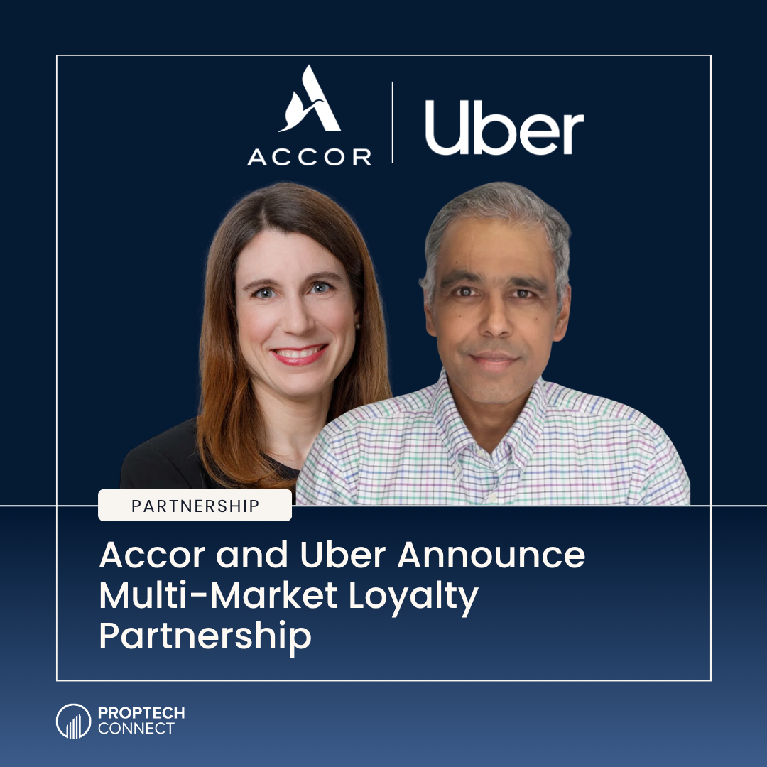 Graphic announcing a partnership between Accor and Uber, showing two professionals and the logos above with the headline text.