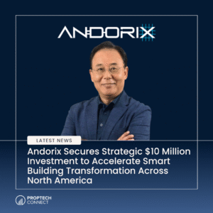 News banner with Andorix logo, a man in a blue blazer, and the headline about a $10M investment in smart building transformation across North America.