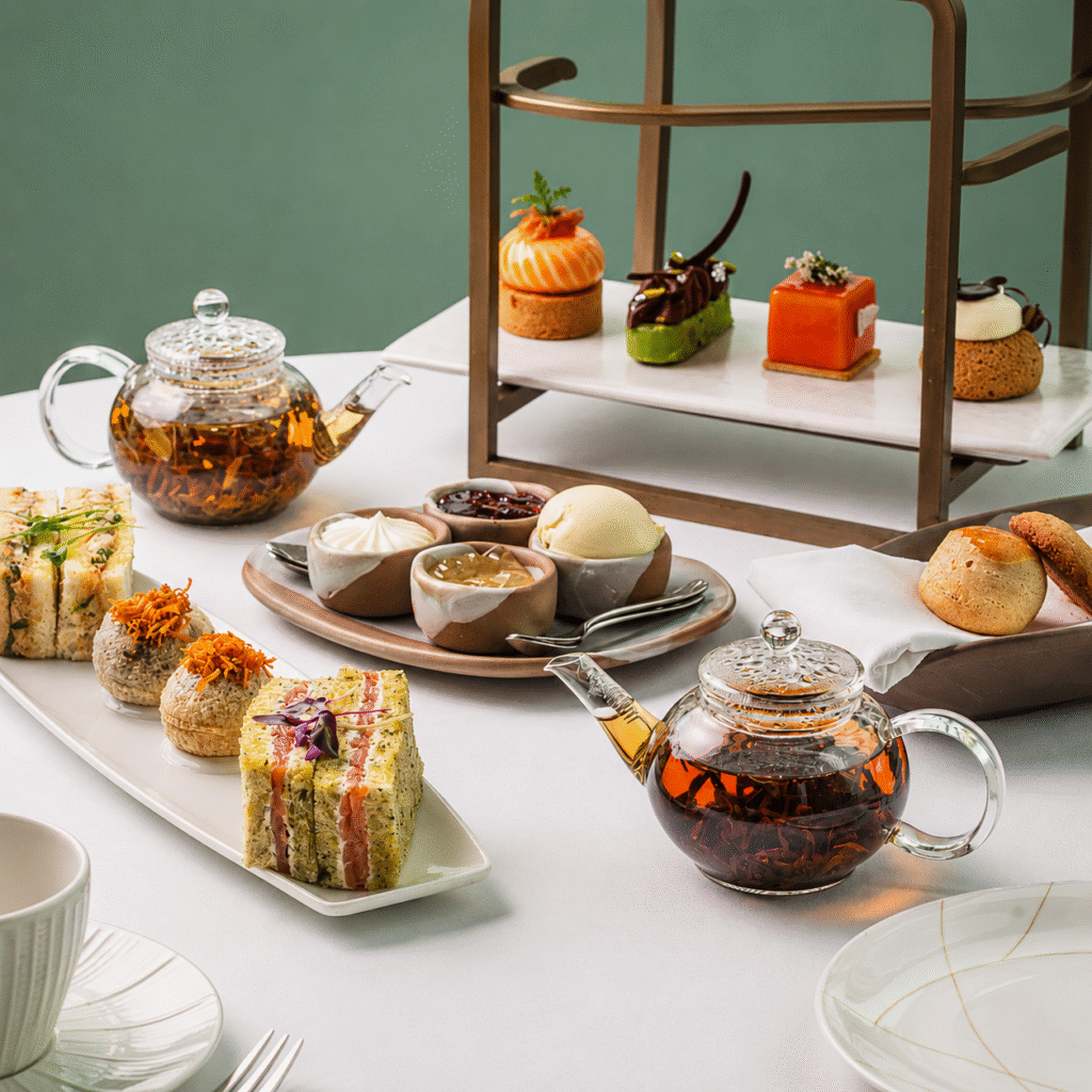 Elegant tea-time spread with assorted pastries, sandwiches, and desserts on a white table, including a glass teapot and a two-tier dessert stand.