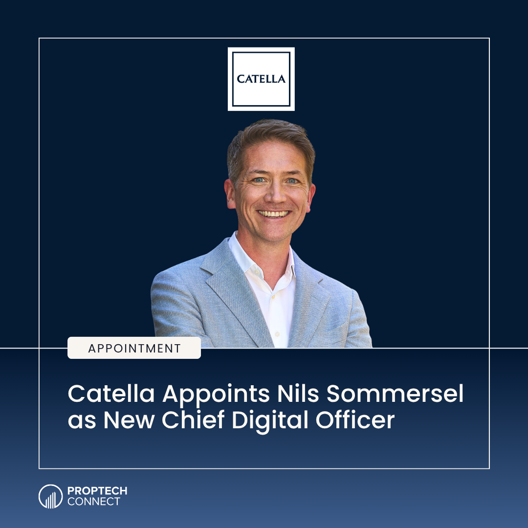 Announcement: Catella appoints Nils Sommer as Chief Digital Officer; smiling man in a light suit with Catella logo.