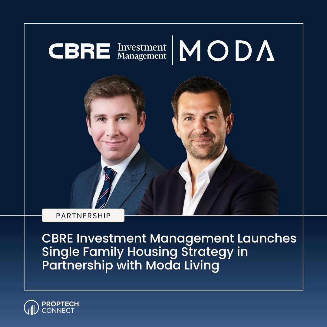 Banner announcing CBRE Investment Management and Moda Living partnership for a single-family housing strategy, featuring two businesspeople against a dark blue background with logos and headline.