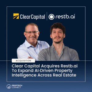 Banner announcing acquisition: two men pictured with Clear Capital and restb.ai logos above, headline about AI-driven property intelligence expansion across real estate.