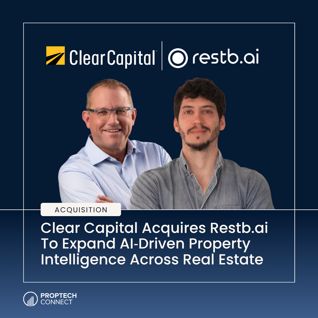 Banner announcing acquisition: two men pictured with Clear Capital and restb.ai logos above, headline about AI-driven property intelligence expansion across real estate.