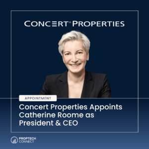 Banner announcing Catherine Roome as President & CEO of Concert Properties, with her headshot and an 'Appointment' badge on a dark blue background.