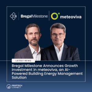 Banner with Bregal Milestone and meteoviva logos, two men in suits, and the headline announcing growth investment in meteoviva.