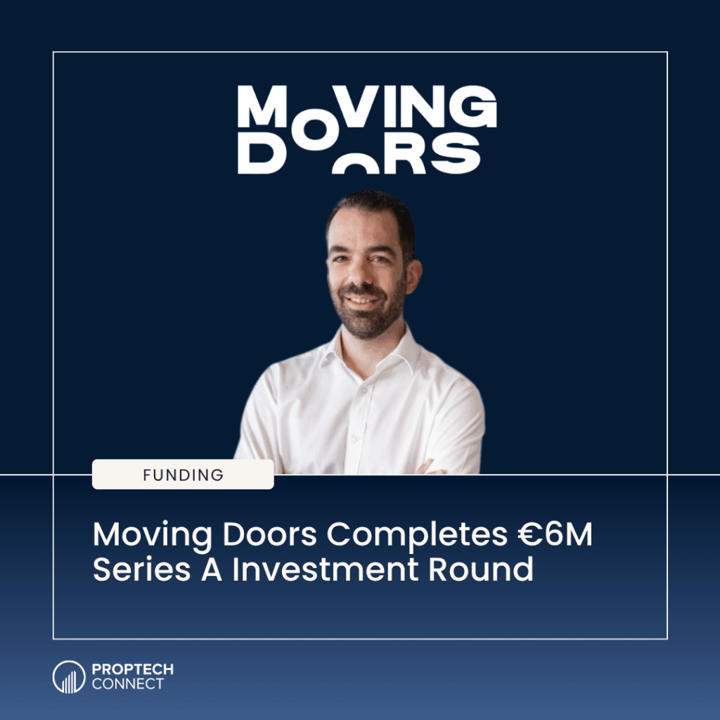 Smiling man in a white shirt against a dark blue backdrop with Moving Doors branding above; headline notes €6M Series A funding.