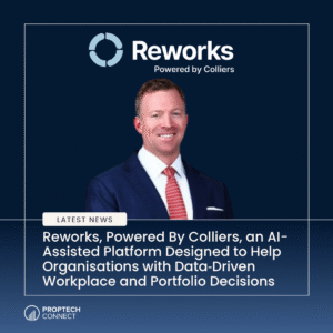 Banner with Reworks logo, 'Powered by Colliers', a smiling man in a navy suit, and a headline about AI-assisted, data-driven workplace decisions.