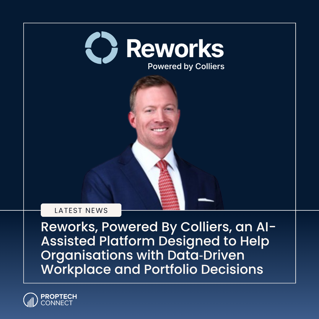 Banner with Reworks logo, 'Powered by Colliers', a smiling man in a navy suit, and a headline about AI-assisted, data-driven workplace decisions.