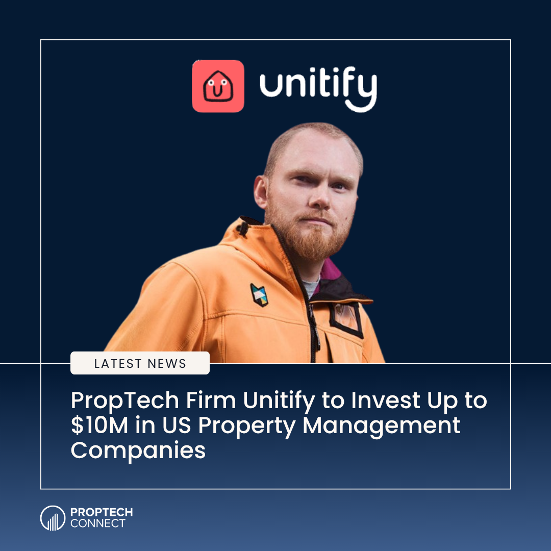 Unity logo with a man in an orange jacket and the headline about PropTech Firm Unity investing up to $10M in US property management companies.