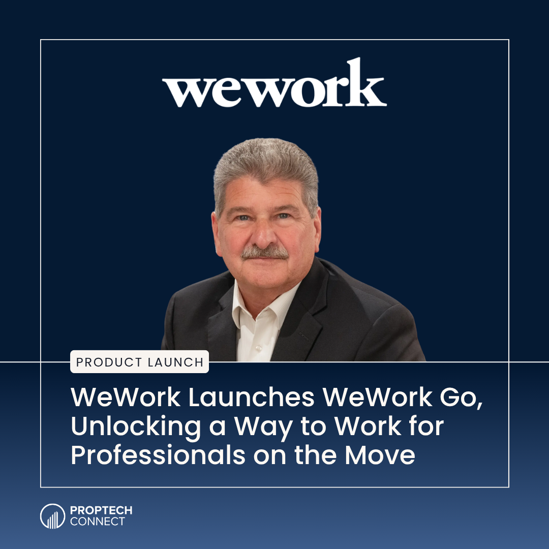 Promotional banner for a WeWork product launch, showing a man in a suit against a dark blue background with the WeWork logo and headline about WeWork Go for professionals on the move.