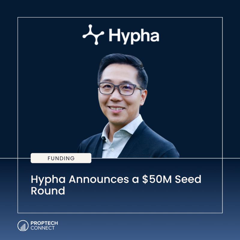 Hypha branding with a portrait of a man in a suit; headline: Hypha Announces a $50M Seed Round; funding badge present.