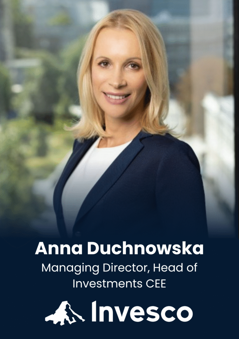 Professional headshot of Anna Duchnowska in a navy blazer, smiling for a corporate profile (Managing Director, Head of Investments).