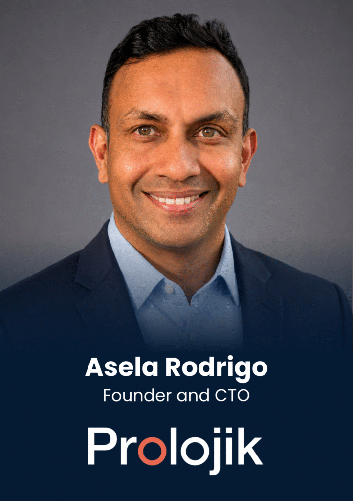 Portrait of Asela Rodrigo, founder and CTO of Prolojik, in a navy suit with a gray backdrop.