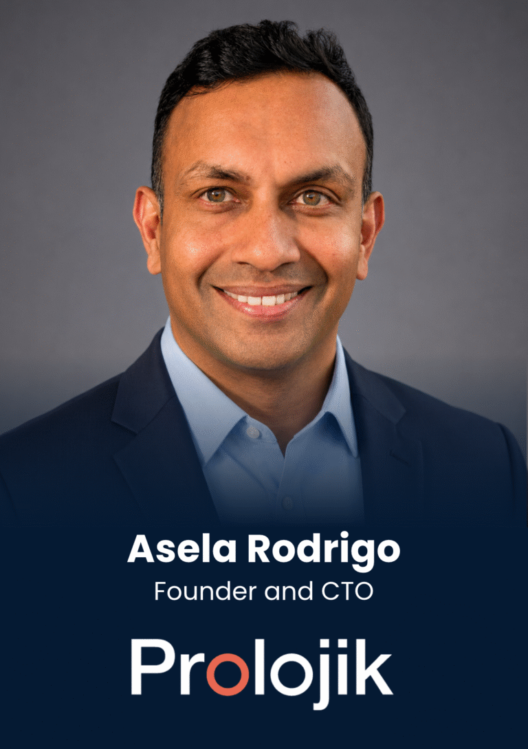 Portrait of Asela Rodrigo, founder and CTO of Prolojik, in a navy suit with a gray backdrop.