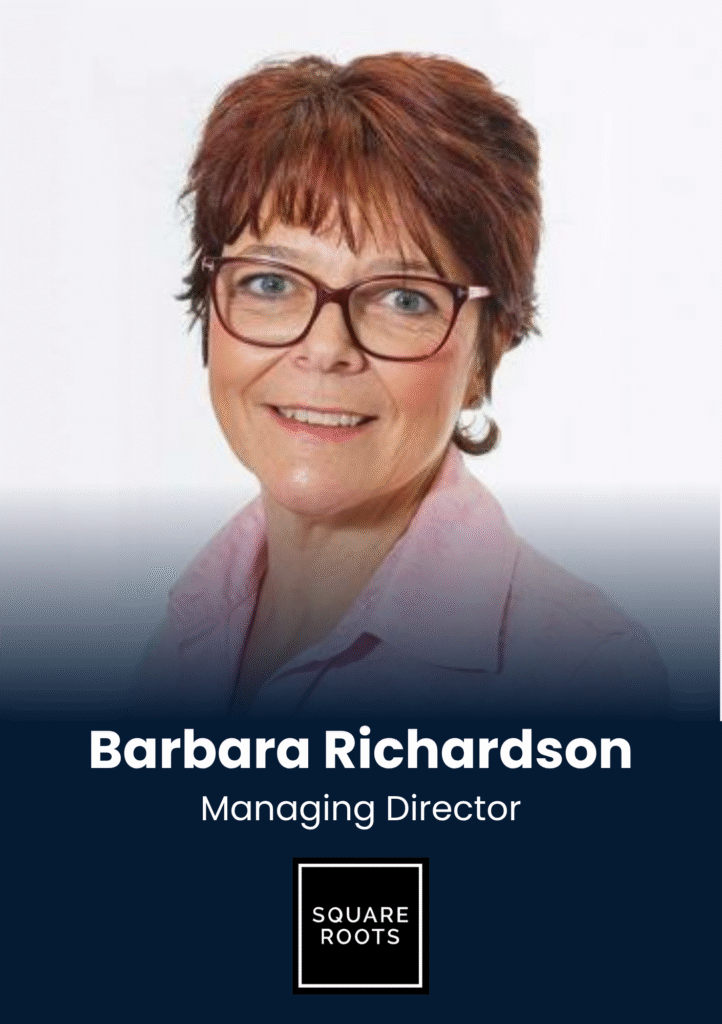 Portrait of Barbara Richardson, Managing Director, smiling in front of a dark banner with the Square Roots logo below.