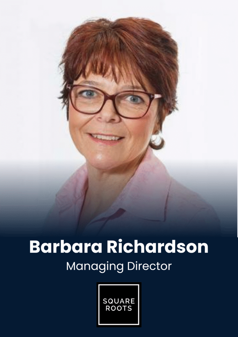 Portrait of Barbara Richardson, Managing Director, smiling in front of a dark banner with the Square Roots logo below.