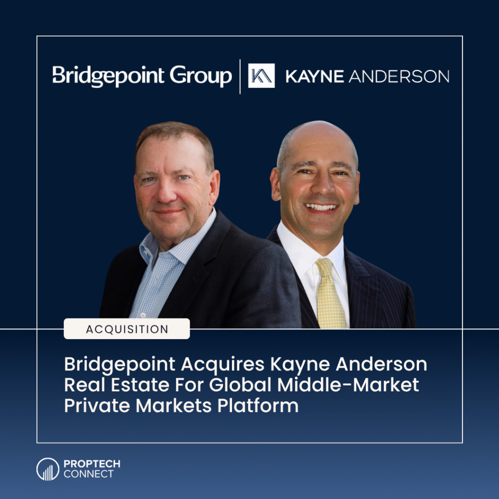 Acquisition announcement banner with Bridgepoint Group and Kayne Anderson logos, two executives, an 'ACQUISITION' badge, and the headline about the deal.
