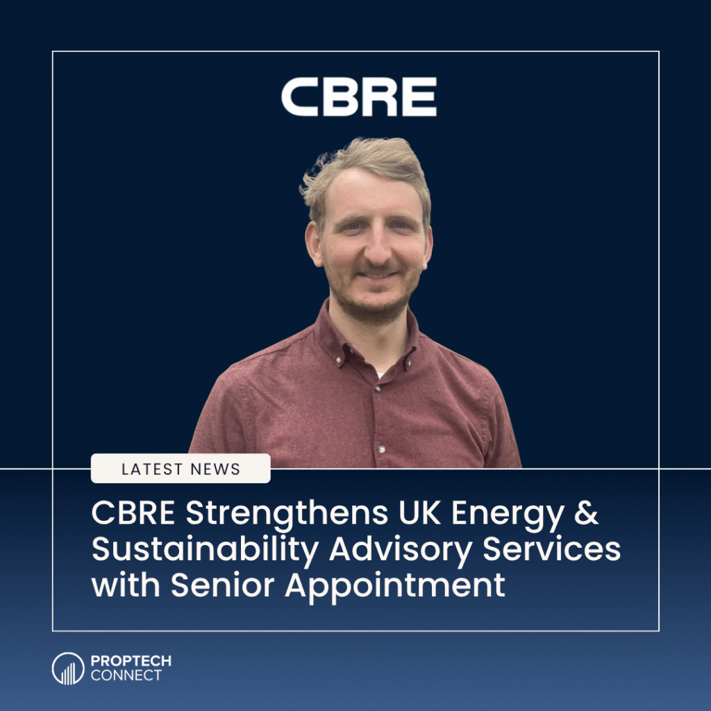 CBRE promo: man in a maroon shirt on a dark blue background with CBRE at top and a news headline about UK energy & sustainability advisory services; Proptech Connect logo.
