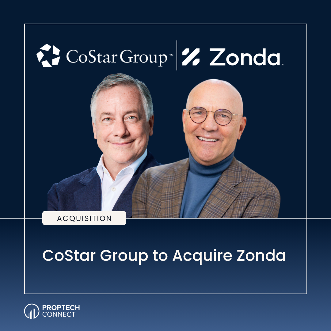 Acquisition banner: CoStar Group to Acquire Zonda with two executives posing against a dark blue background.