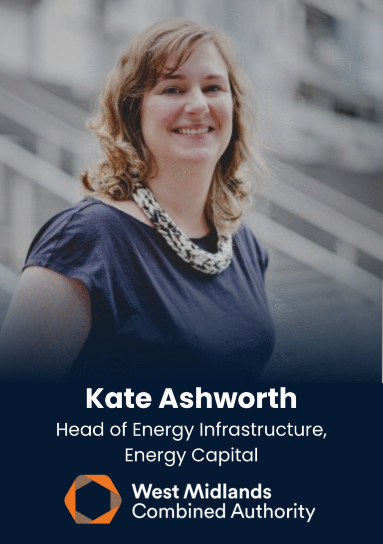 Portrait of Kate Ashworth, smiling, with the title 'Head of Energy Infrastructure, Energy Capital' on a dark banner below.