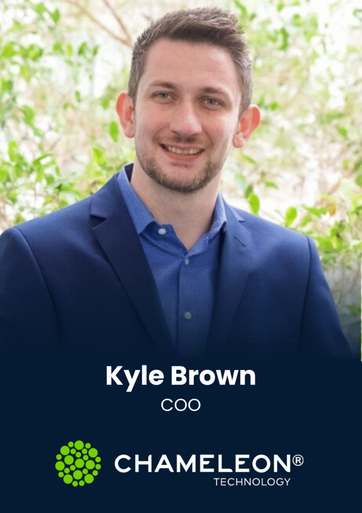 Portrait of Kyle Brown in a blue suit, smiling, with CHAMELEON TECHNOLOGY logo at the bottom.