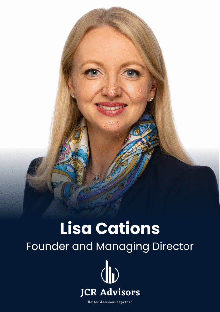 Portrait of Lisa Cations, Founder and Managing Director, smiling with a colorful scarf and dark blazer; branding below