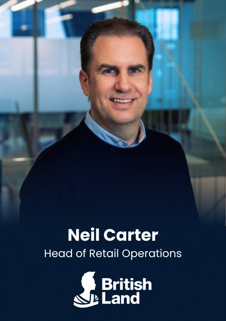 Professional headshot of Neil Carter, Head of Retail Operations, with a blue-toned office background at British Land.