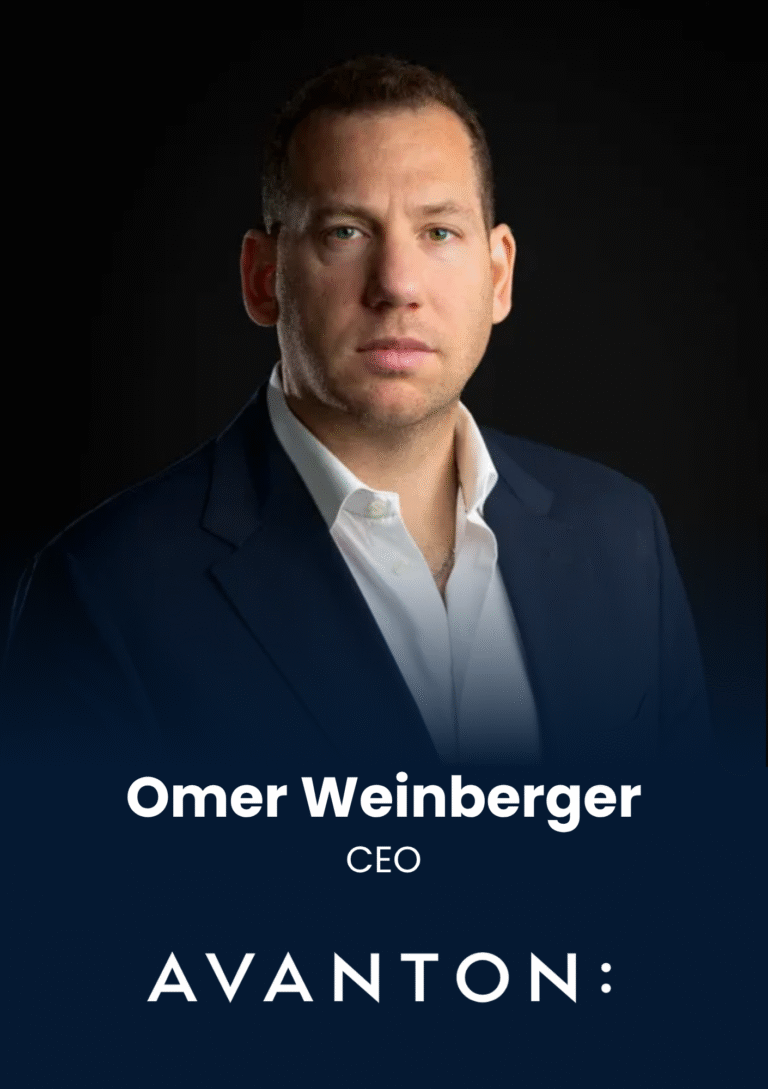 Head-and-shoulders portrait of a man in a navy suit against a dark background; overlay text reads 'Omer Weinberger' and 'CEO'.