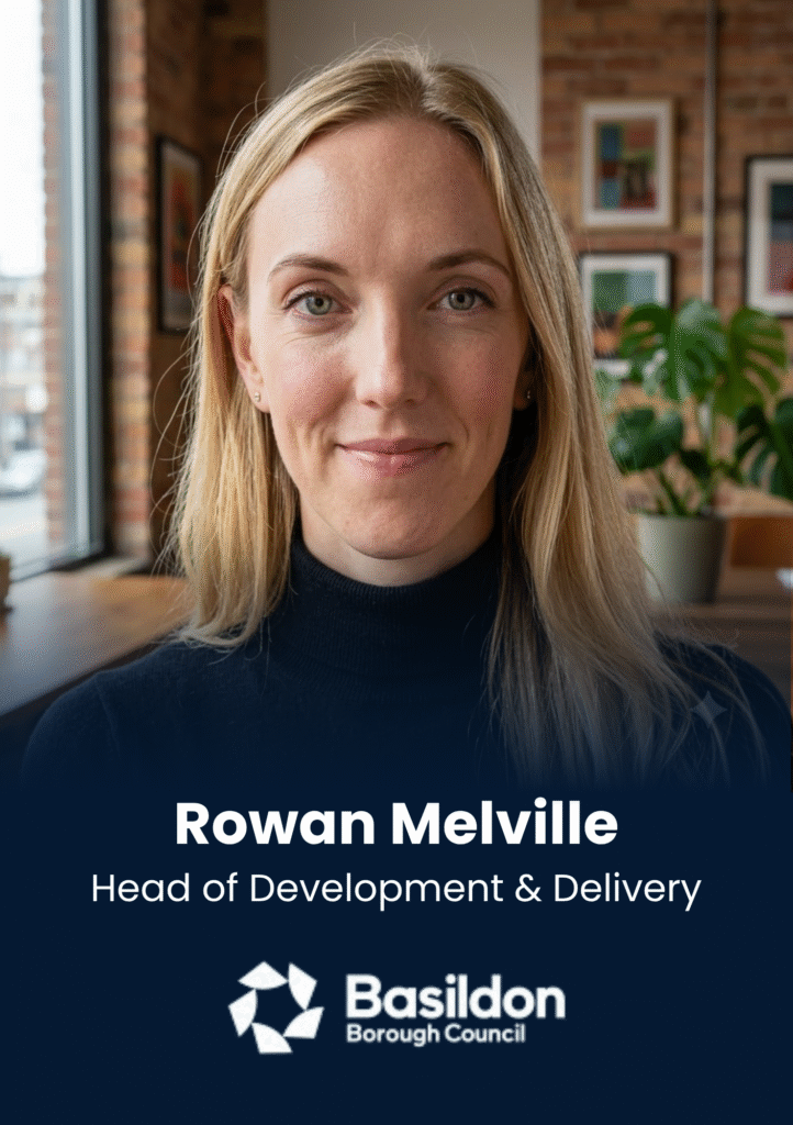 Portrait of Rowan Melville, Head of Development & Delivery, Basilidom Borough Council, with office background and logo