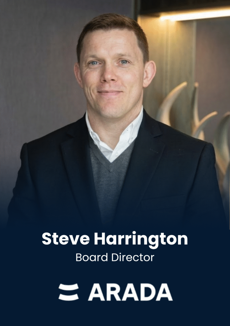 Portrait of Steve Harrington in a dark suit, labeled 'Steve Harrington, Board Director' with ARADA logo below.
