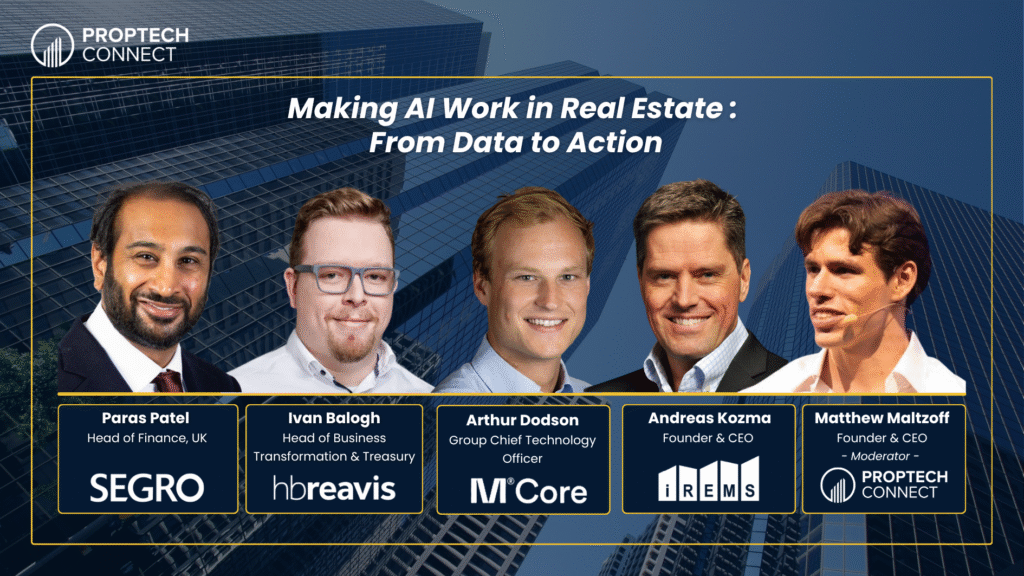 PropTech Connect hero banner with city skyline and five speaker headshots for 'Making AI Work in Real Estate: From Data to Action'.