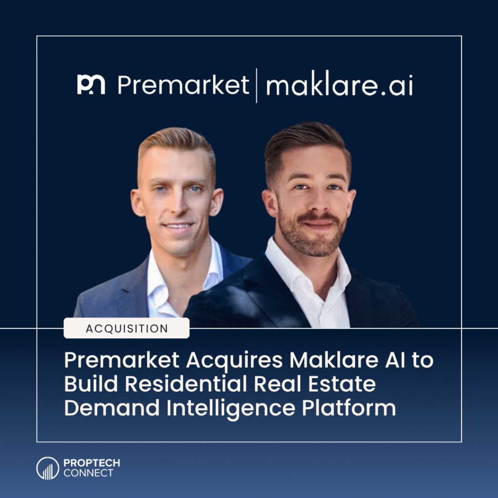 News banner: Premarket acquires Maklare AI; two suited executives stand under a blue background with the acquisition headline.