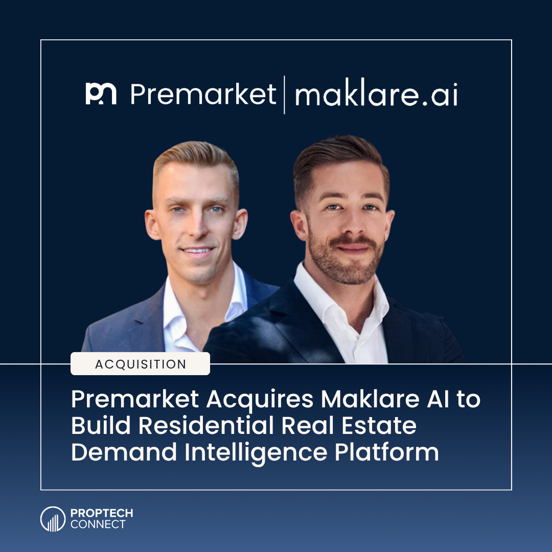 News banner: Premarket acquires Maklare AI; two suited executives stand under a blue background with the acquisition headline.