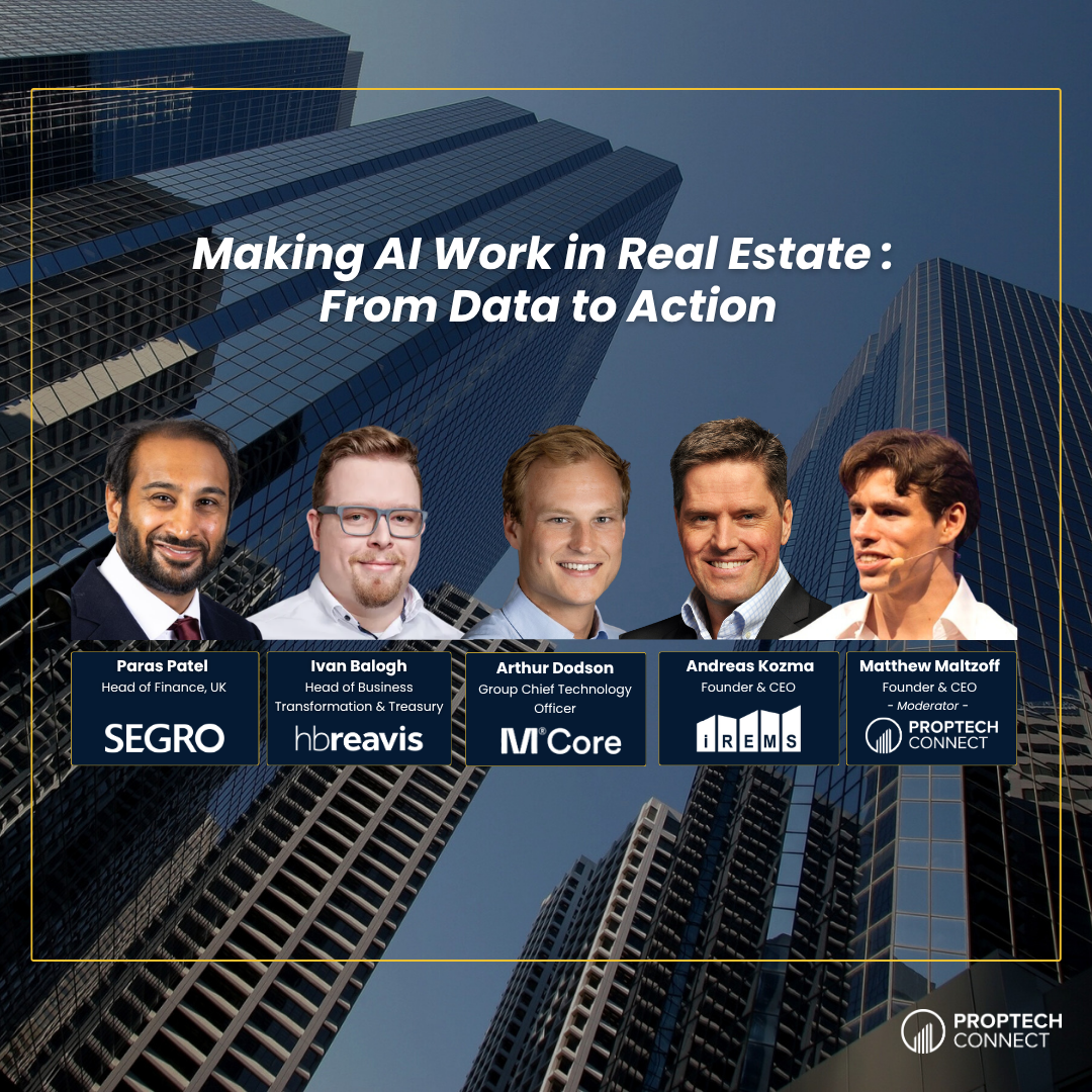 Event banner for PropTech Connect titled 'Making AI Work in Real Estate: From Data to Action' featuring five speakers with name badges and company logos against a city skyline.